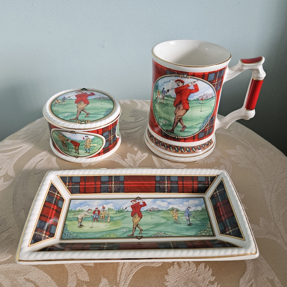 SADLER 3PC SET: Golf Plaid Ceramic - Mug, Trinket Tray and Trinket Box & cover